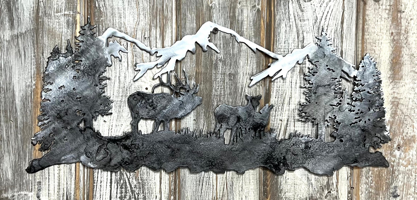 Metal Elk Mountain Scene: Cabin Lodge Wall Art