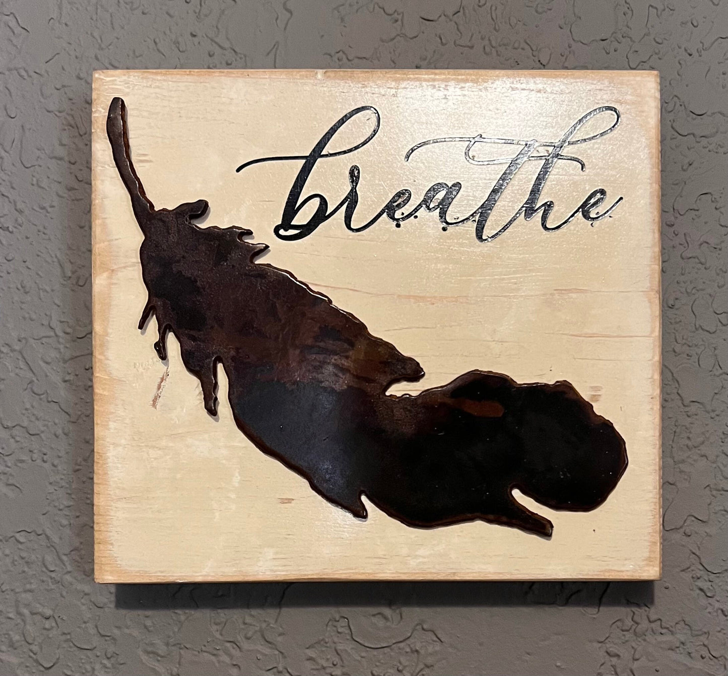 Breathe Wood Sign: Farmhouse Tiered Tray Decor with Metal Feather