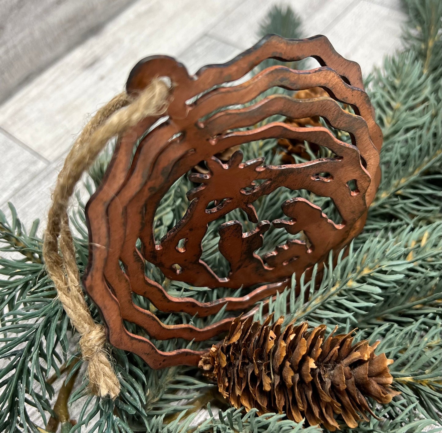Rustic Copper Patina Metal 3D Nativity Ornament - Cabin Christmas Decor