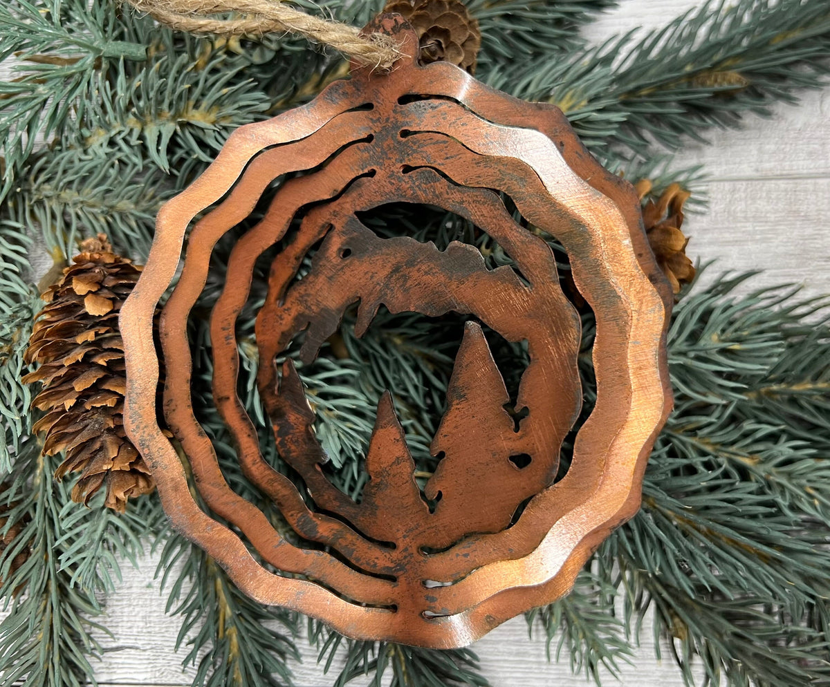Rustic Copper Patina Metal Mountain & Trees Ornament - Cabin Decor