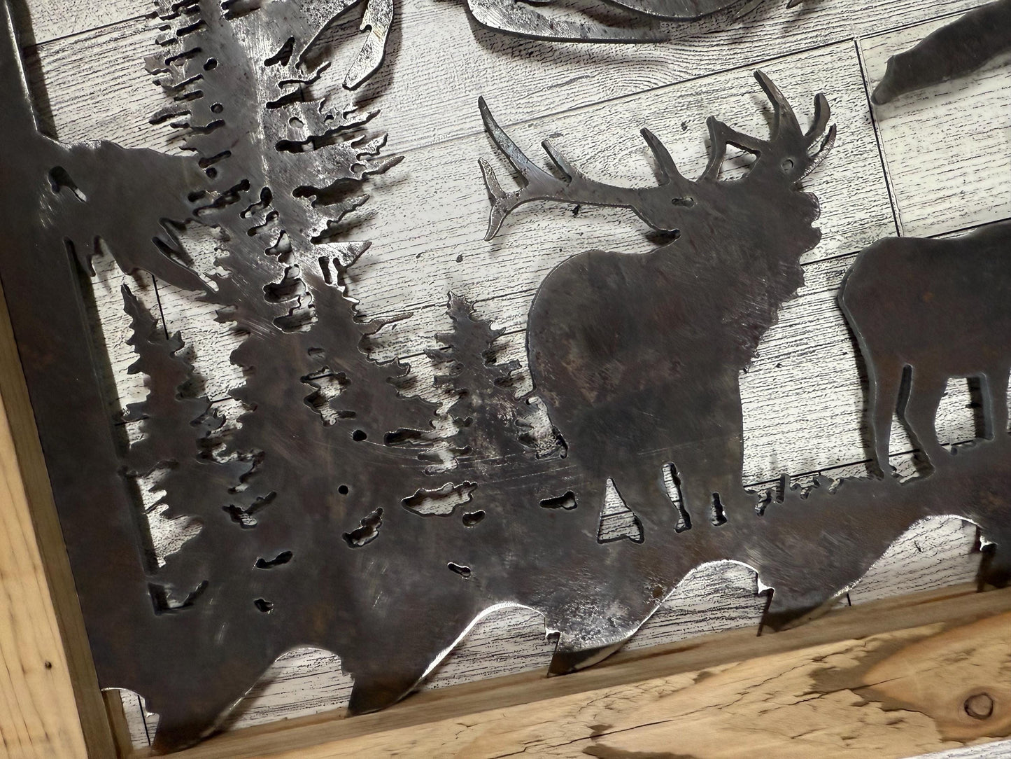 Elk & Mountain Scene Saw Blade Art: Rustic Lodge Cabin Decor