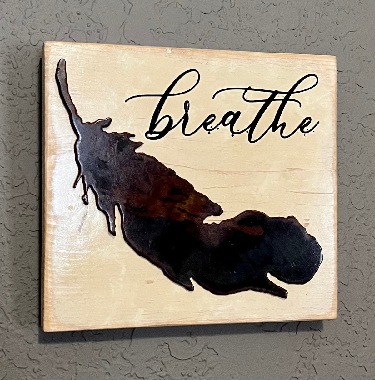 Breathe Wood Sign: Farmhouse Tiered Tray Decor with Metal Feather