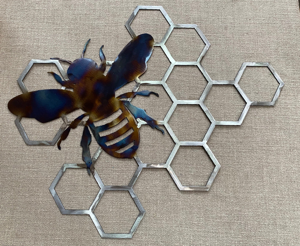 Metal Bee on Honeycomb: Heat-Treated Garden Decor