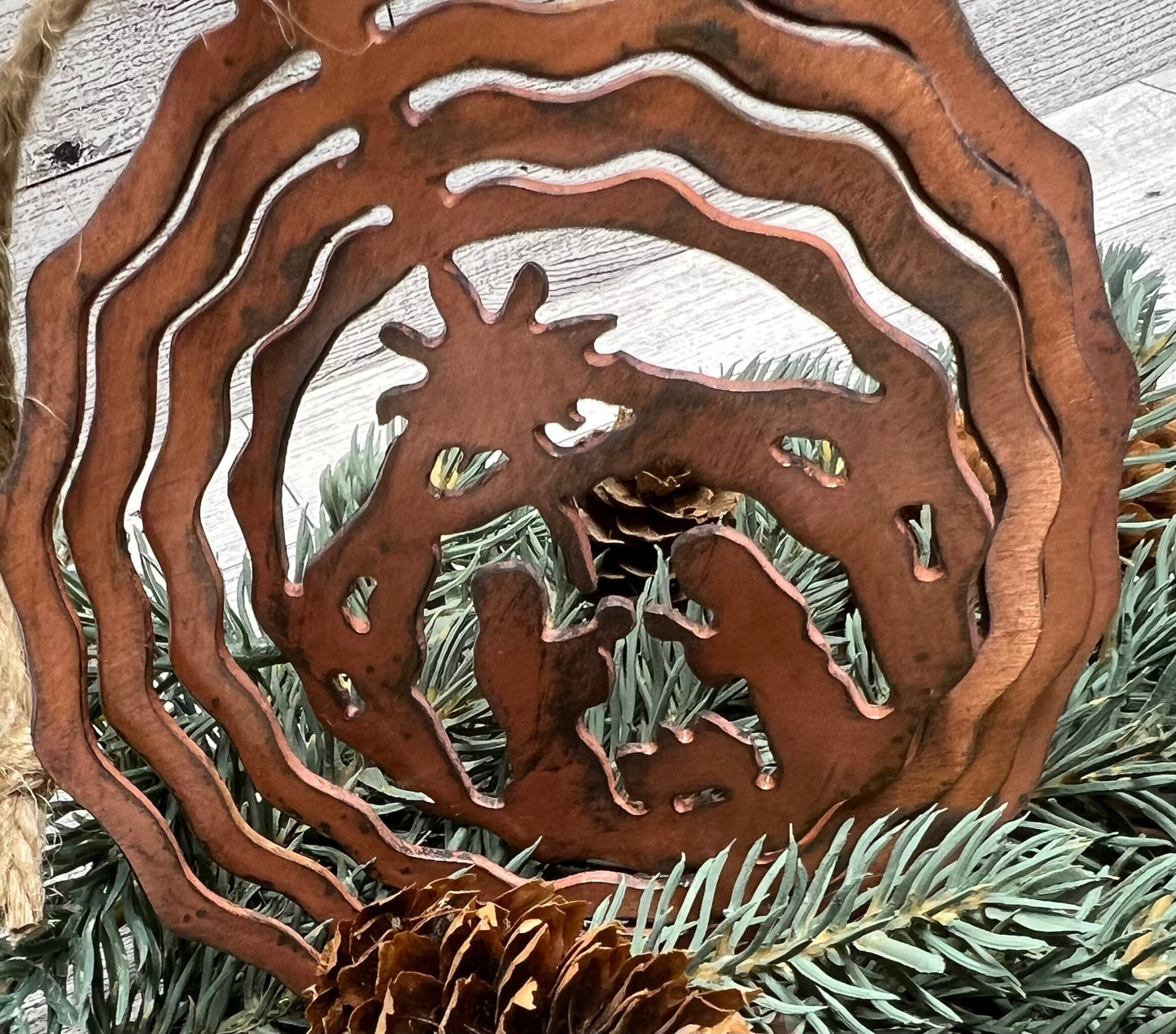 Rustic Copper Patina Metal 3D Nativity Ornament - Cabin Christmas Decor