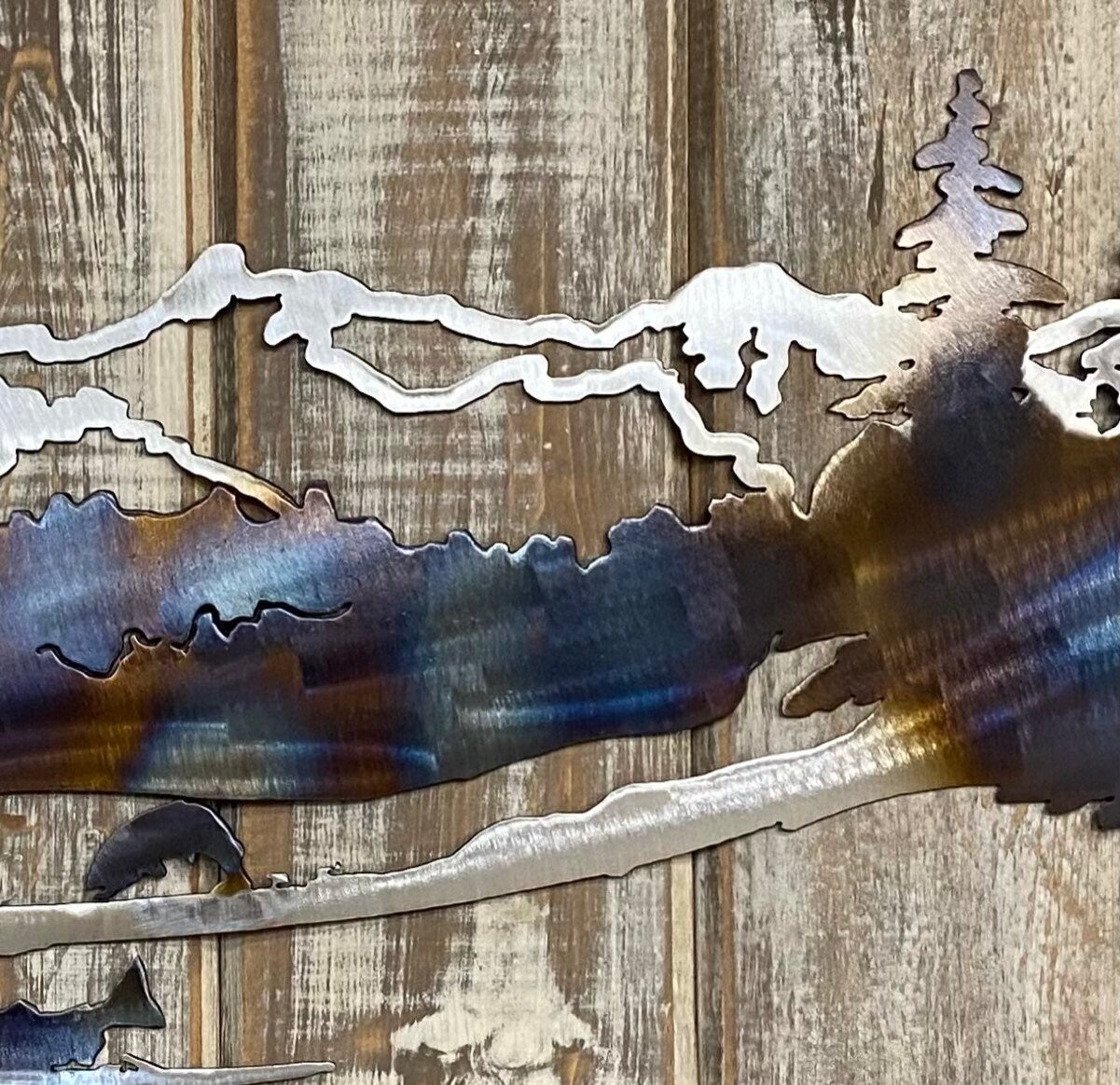 Heat-Treated Metal Mountain Scene Wall Art: Cabin Lodge Decor