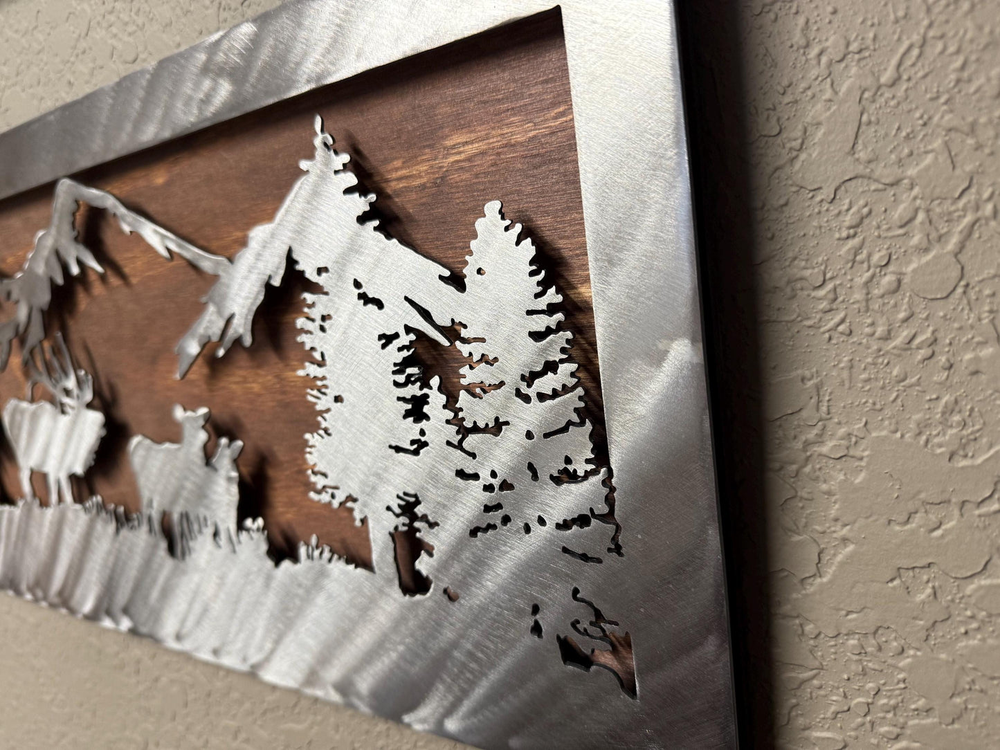 Metal and Wood Elk Scene: Rustic Mountain Wall Art