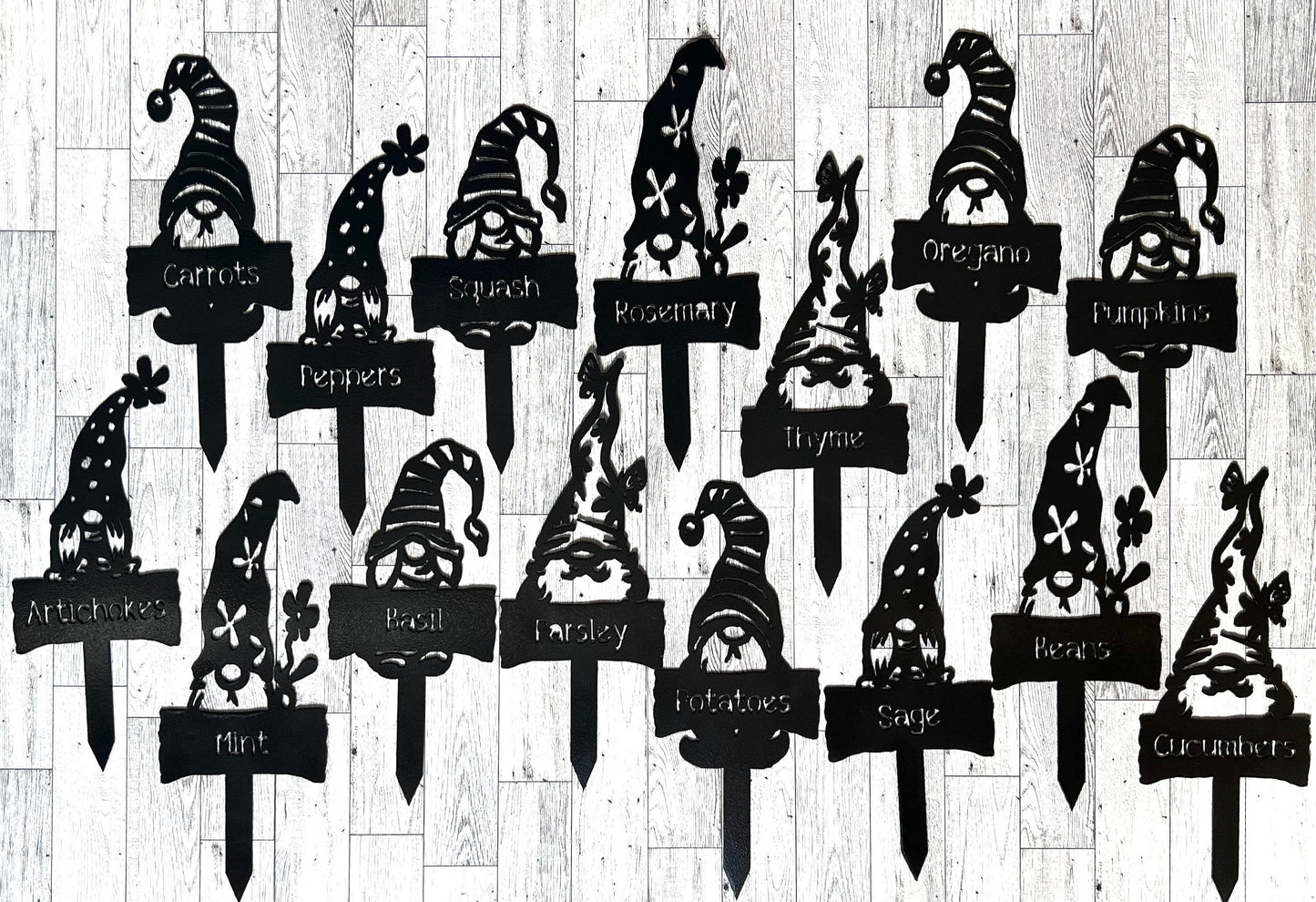 Metal Garden Gnome Vegetable Markers: Rustic Garden Decor