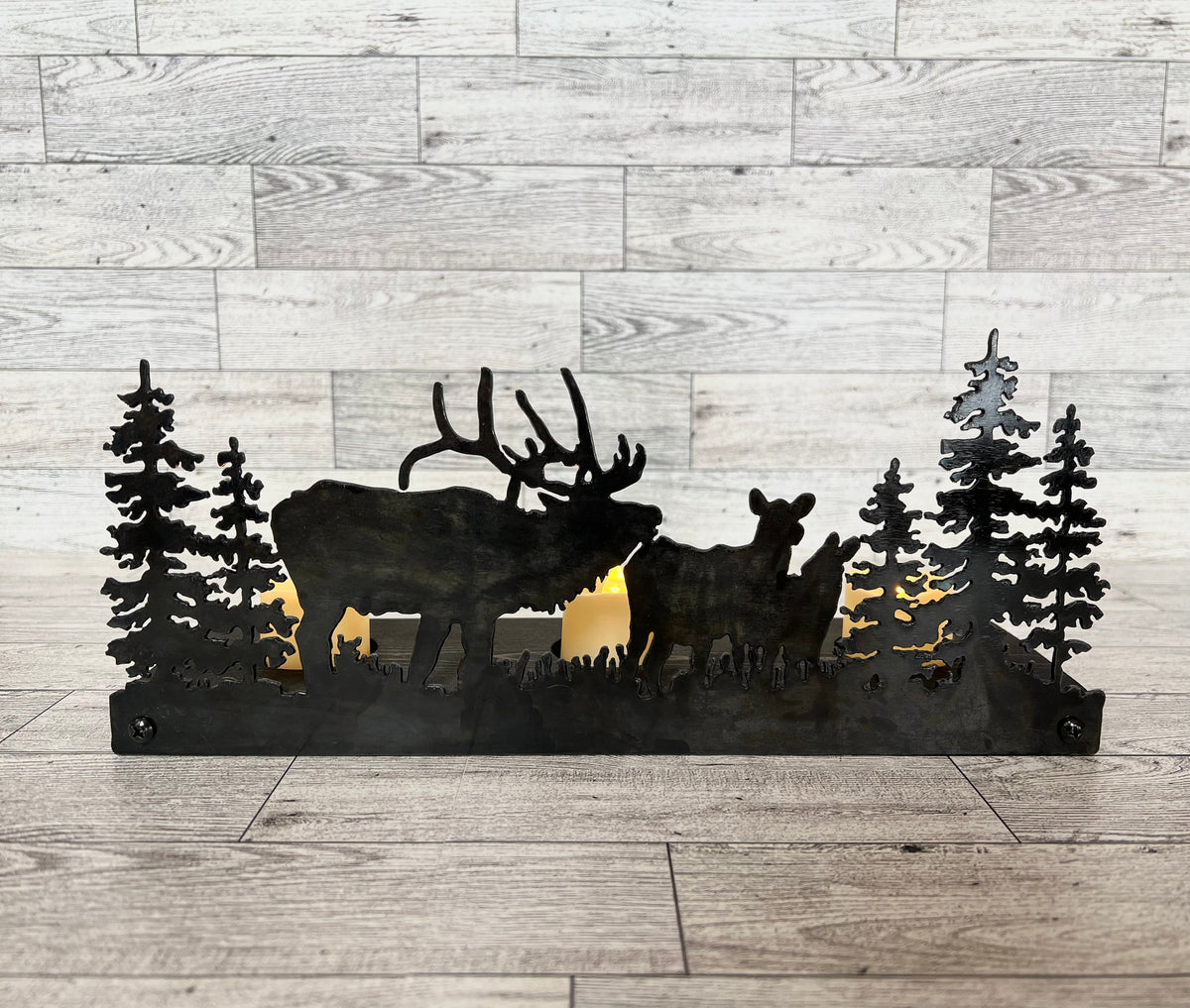 Elk Scene Candle Holder: Rustic Cabin Decor with LED Candles