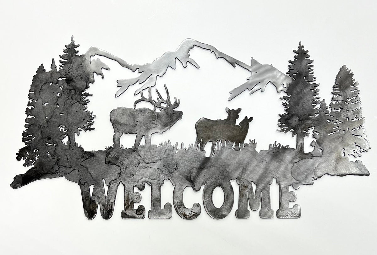Metal Mountain Scene Welcome Sign: Elk Cabin Decor