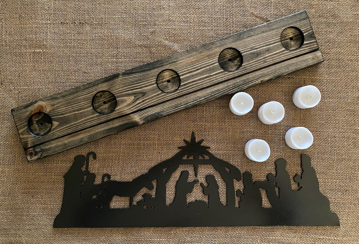 Metal Nativity Scene with Ebony Wood Base & LED Candles