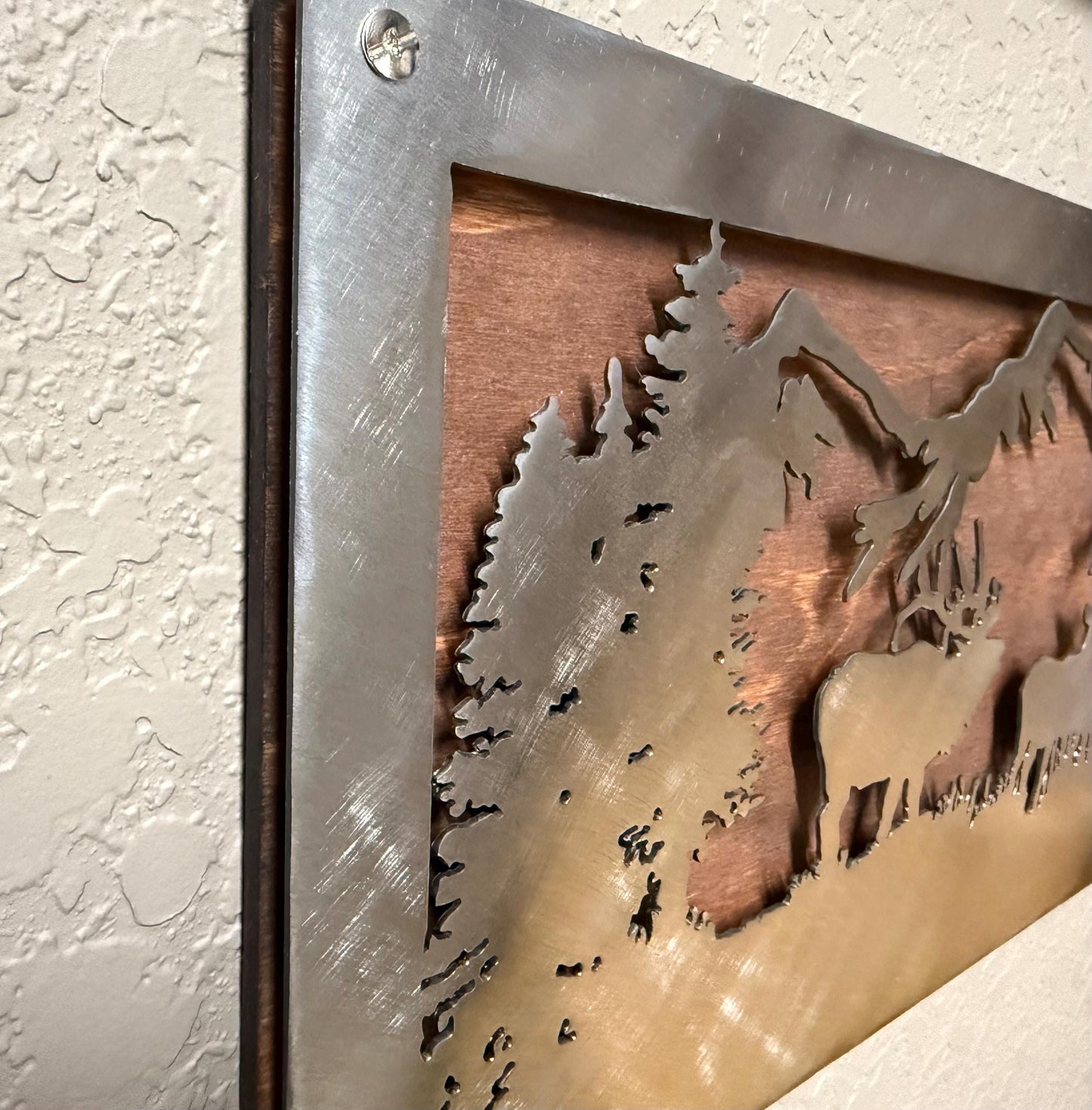 Metal and Wood Elk Scene: Rustic Mountain Wall Art