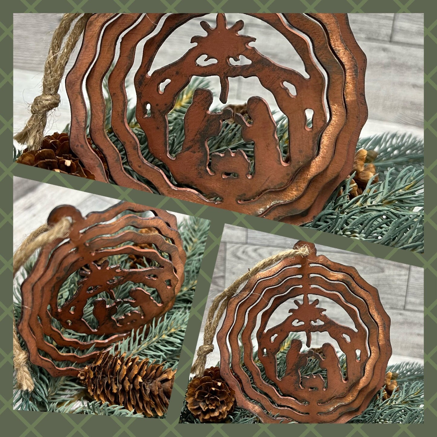 Rustic Copper Patina Metal 3D Nativity Ornament - Cabin Christmas Decor