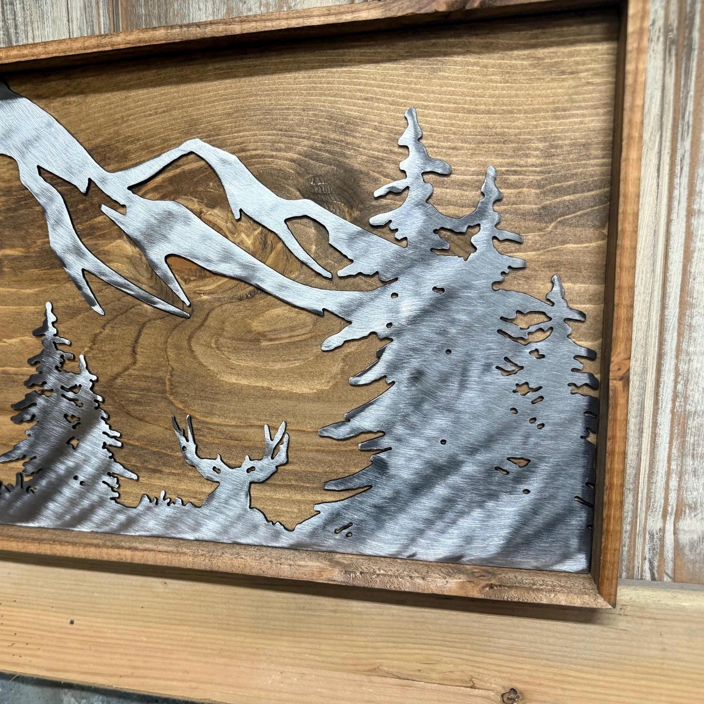 Elk & Mule Deer Mountain Scene: Polished Metal Cabin Decor