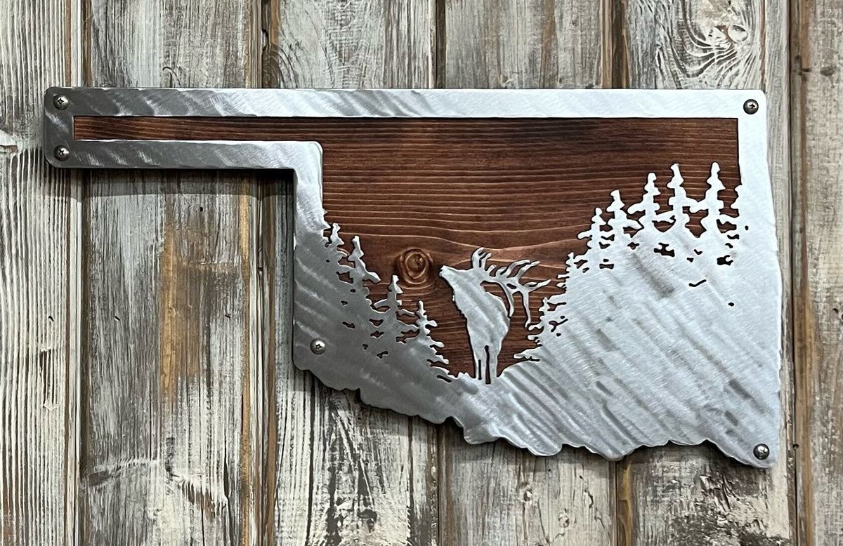 Custom State Metal Art: Elk & Trees, Wildlife Decor