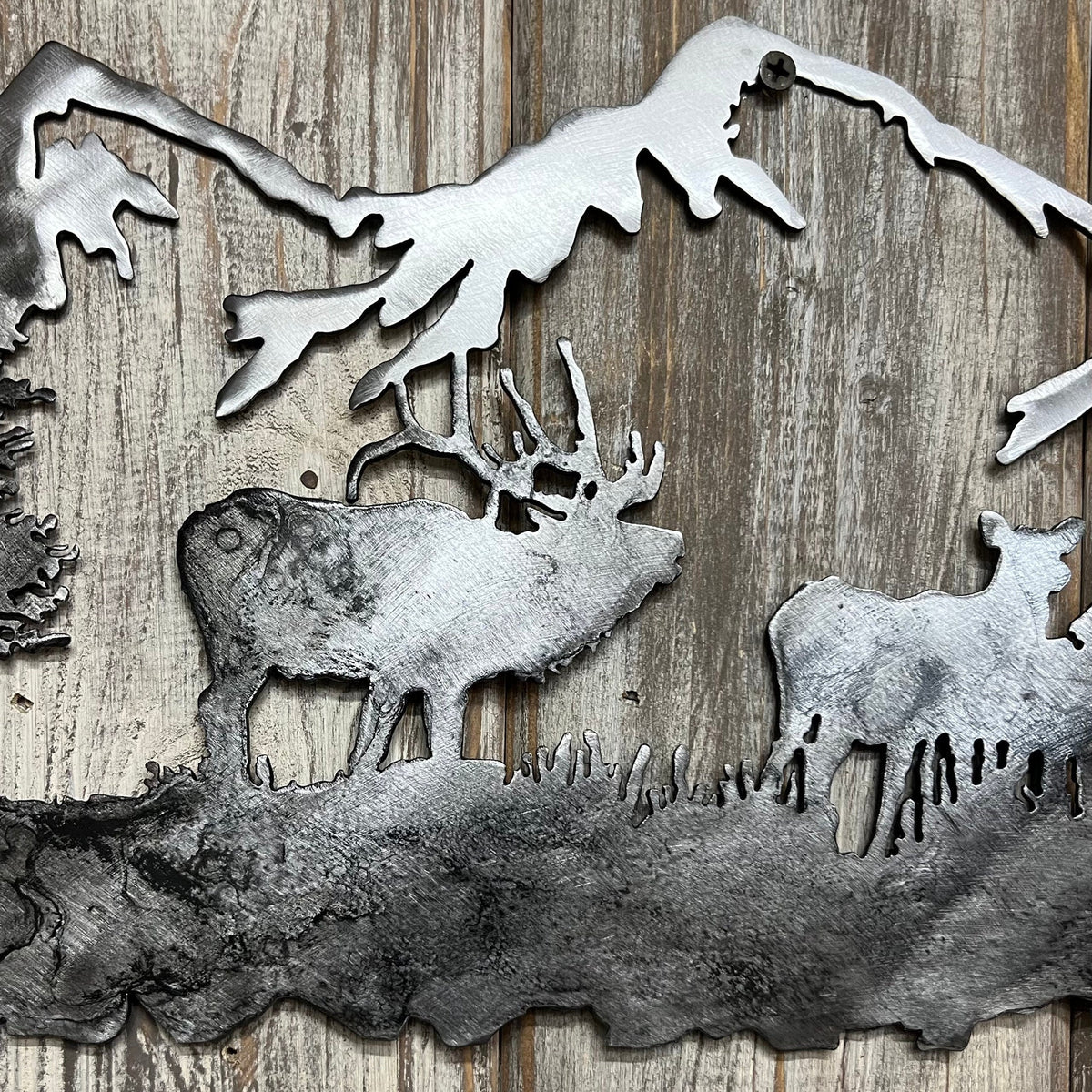 Metal Elk Mountain Scene: Cabin Lodge Wall Art