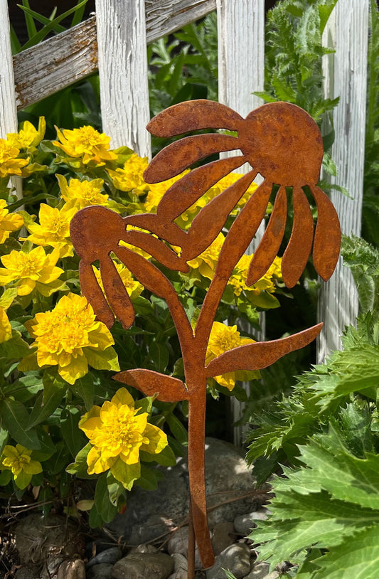 Rusty Metal Coneflower Garden Stake: Natural Rust Finish