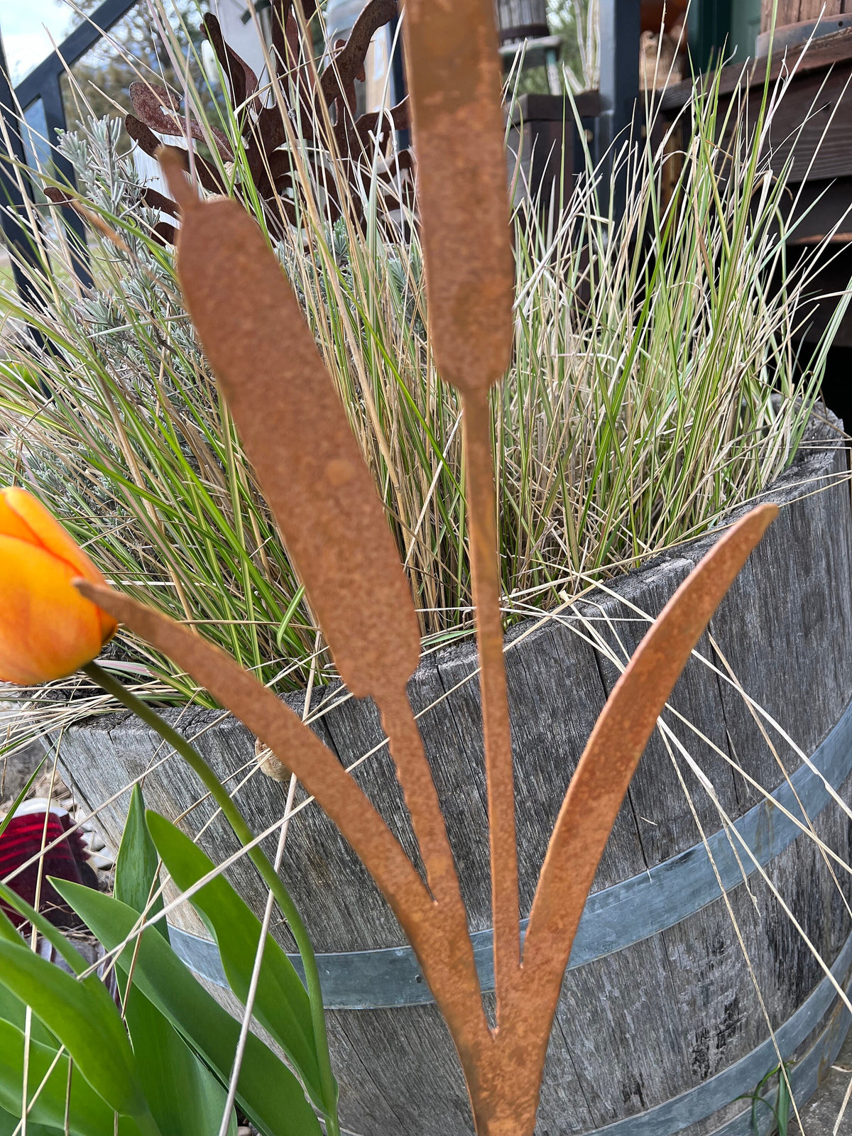 Rusty Metal Cattail Garden Stakes: Natural Rust Finish