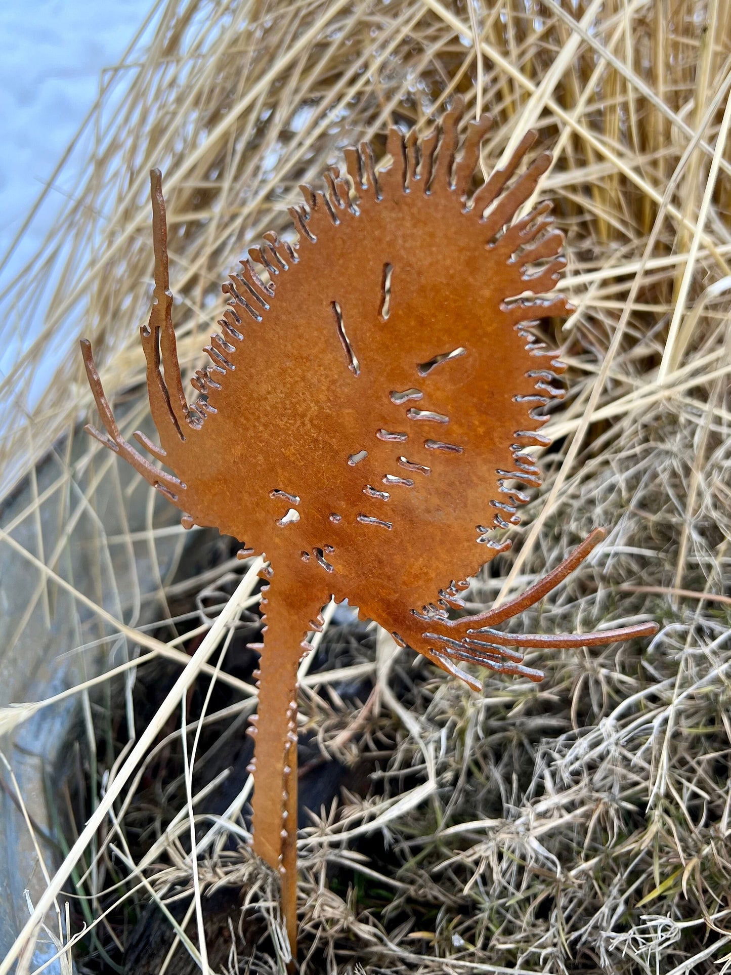 Rusty Thistle Garden Stake: Rustic Metal Garden Art