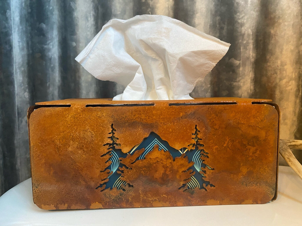 Rustic Steel Tissue Box Cover: Horse, Mountain, or Succulent Design