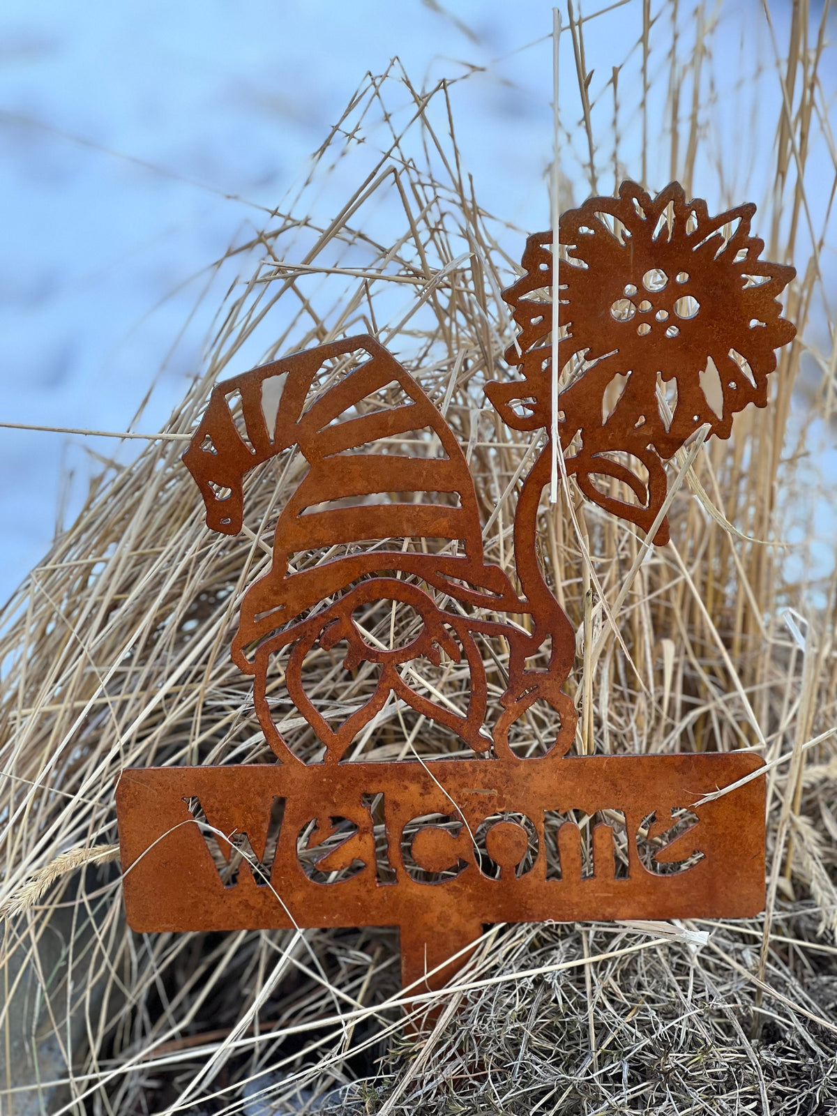 Sunflower Gnome Welcome Stake: Rustic Metal Garden Art