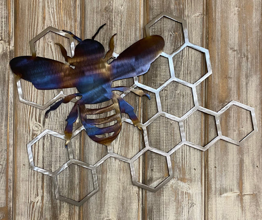 Metal Bee on Honeycomb: Heat-Treated Garden Decor