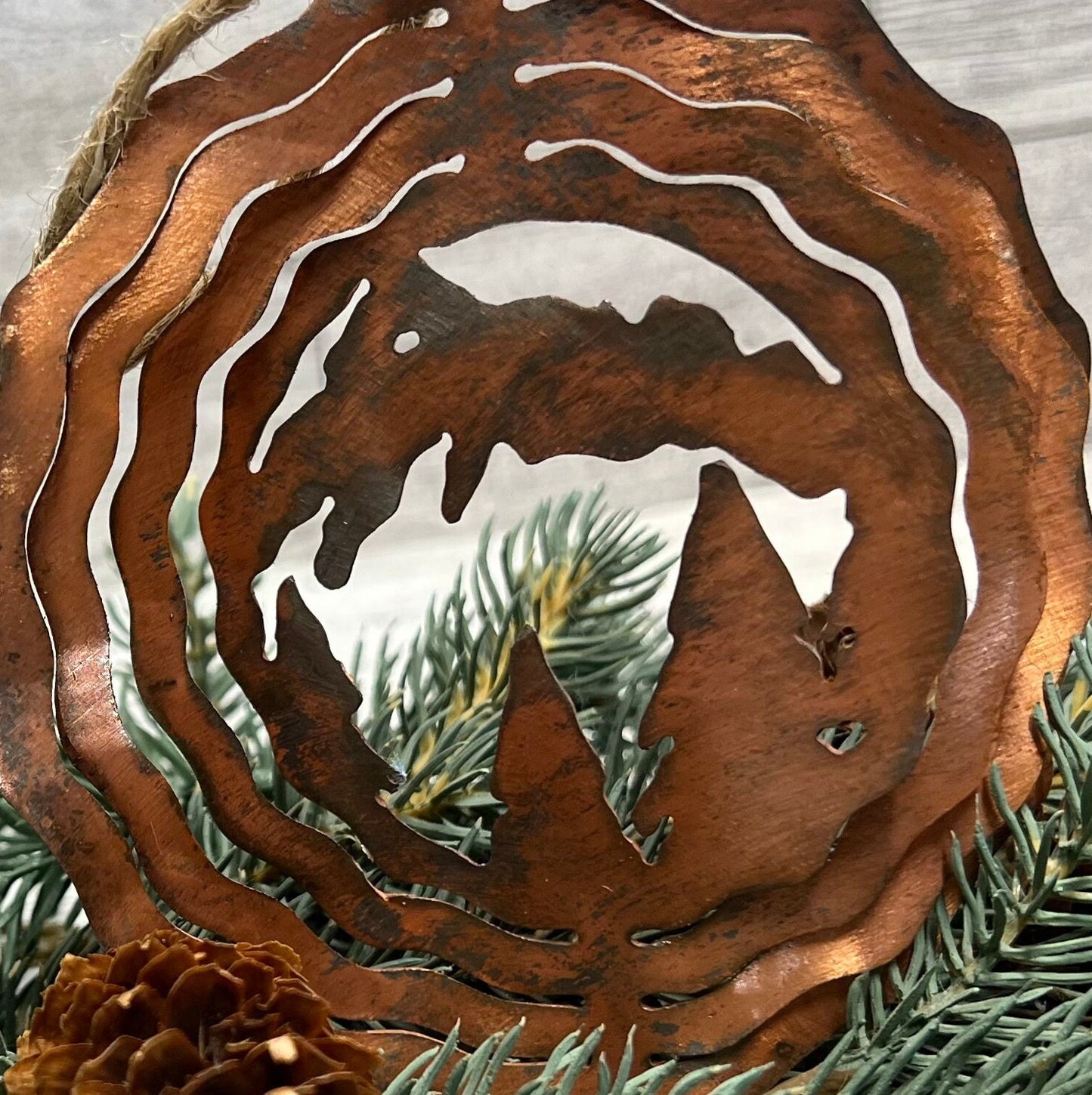 Rustic Copper Patina Metal Mountain & Trees Ornament - Cabin Decor