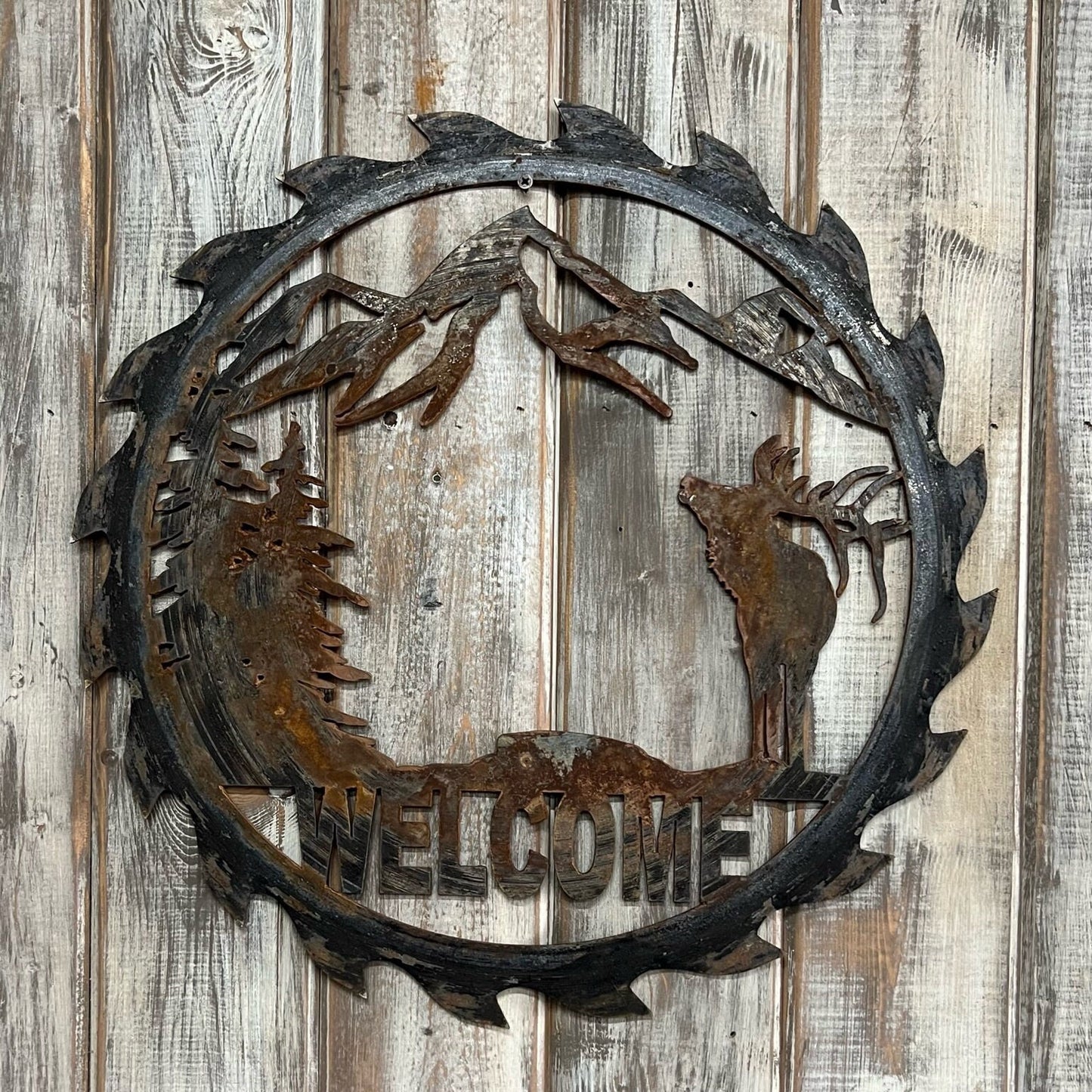 Reclaimed Saw Blade Art: Rustic Cabin Decor Welcome Sign