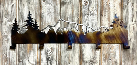 Mountain Towel Hanger: Metal Art Cabin Decor with 5 Hooks