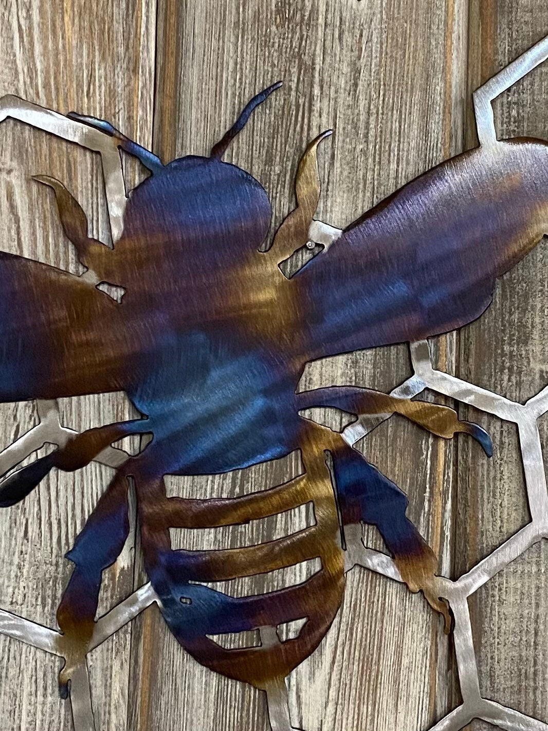 Metal Bee on Honeycomb: Heat-Treated Garden Decor