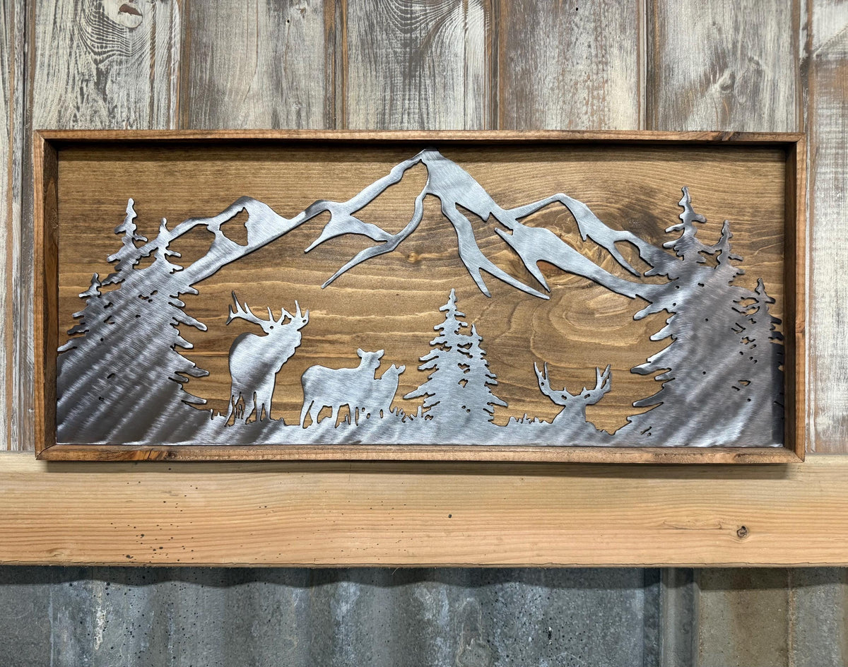 Elk & Mule Deer Mountain Scene: Polished Metal Cabin Decor