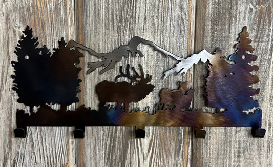 Elk Key and Leash Hanger: Heat-Colored Metal Cabin Decor