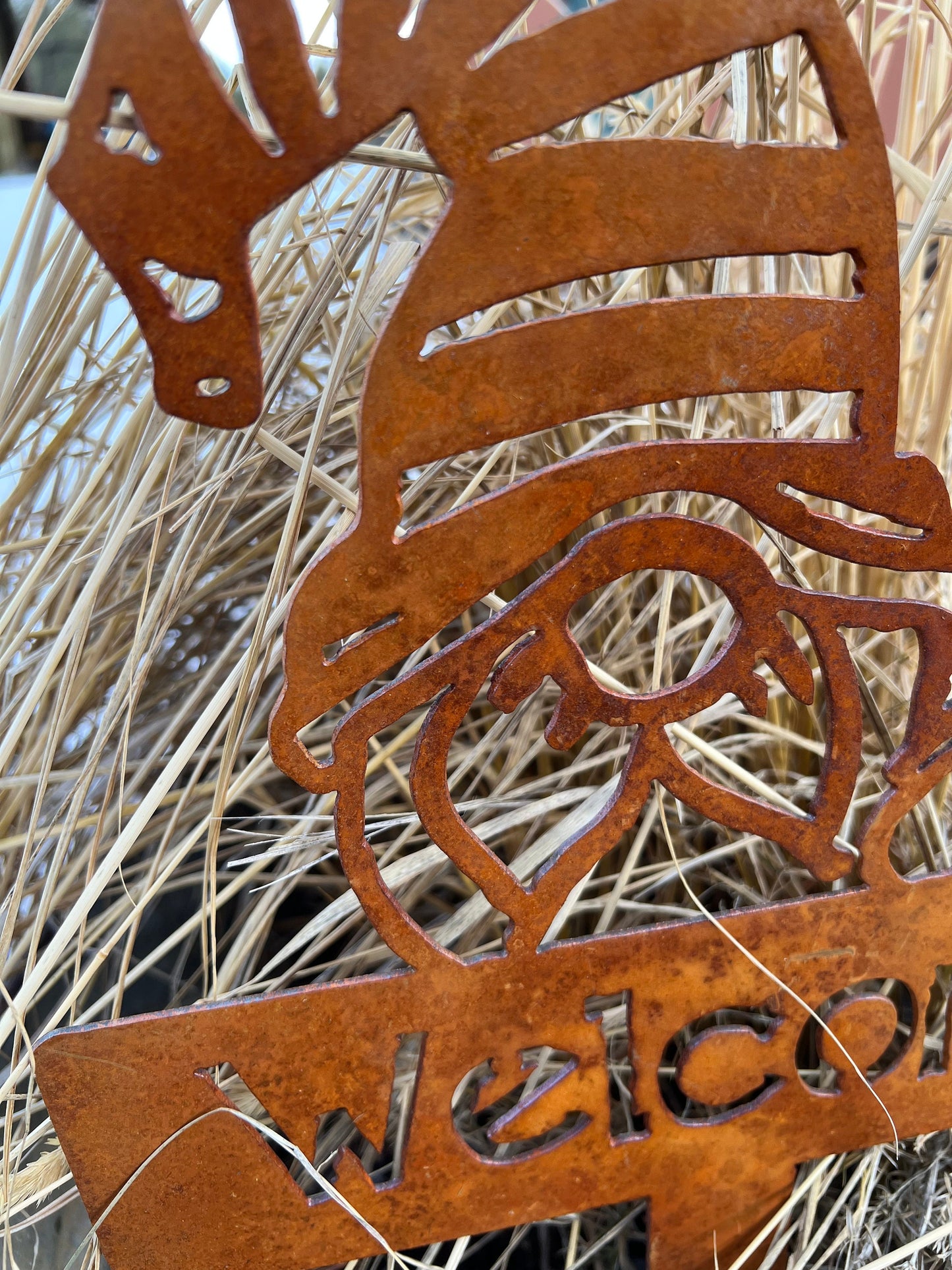 Sunflower Gnome Welcome Stake: Rustic Metal Garden Art