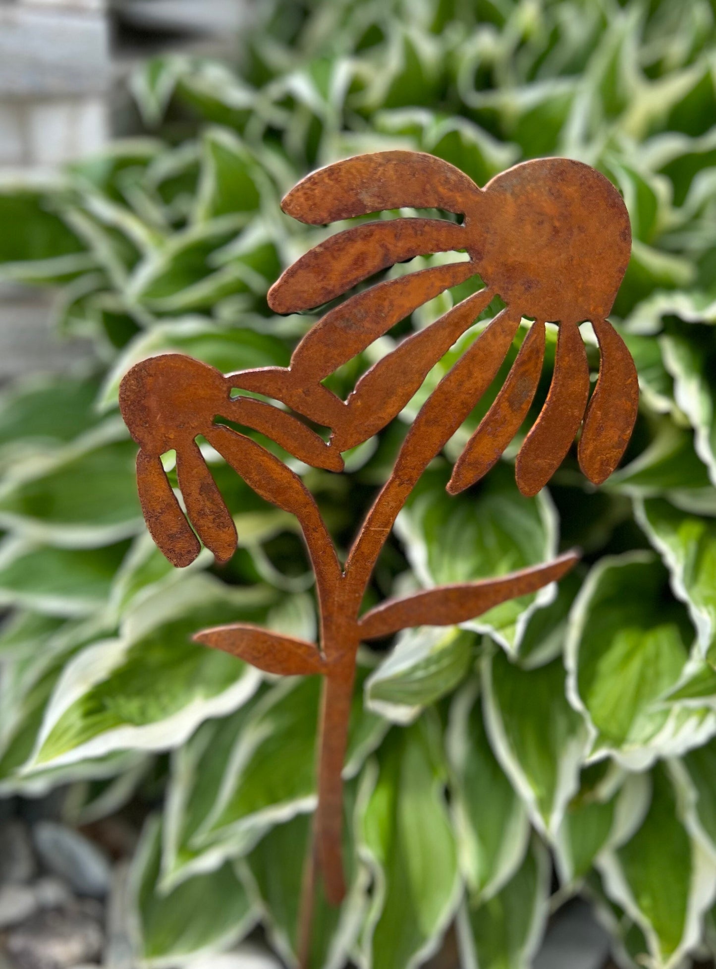 Rusty Metal Coneflower Garden Stake: Natural Rust Finish
