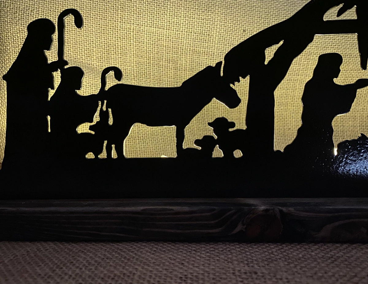 Metal Nativity Scene with Ebony Wood Base & LED Candles