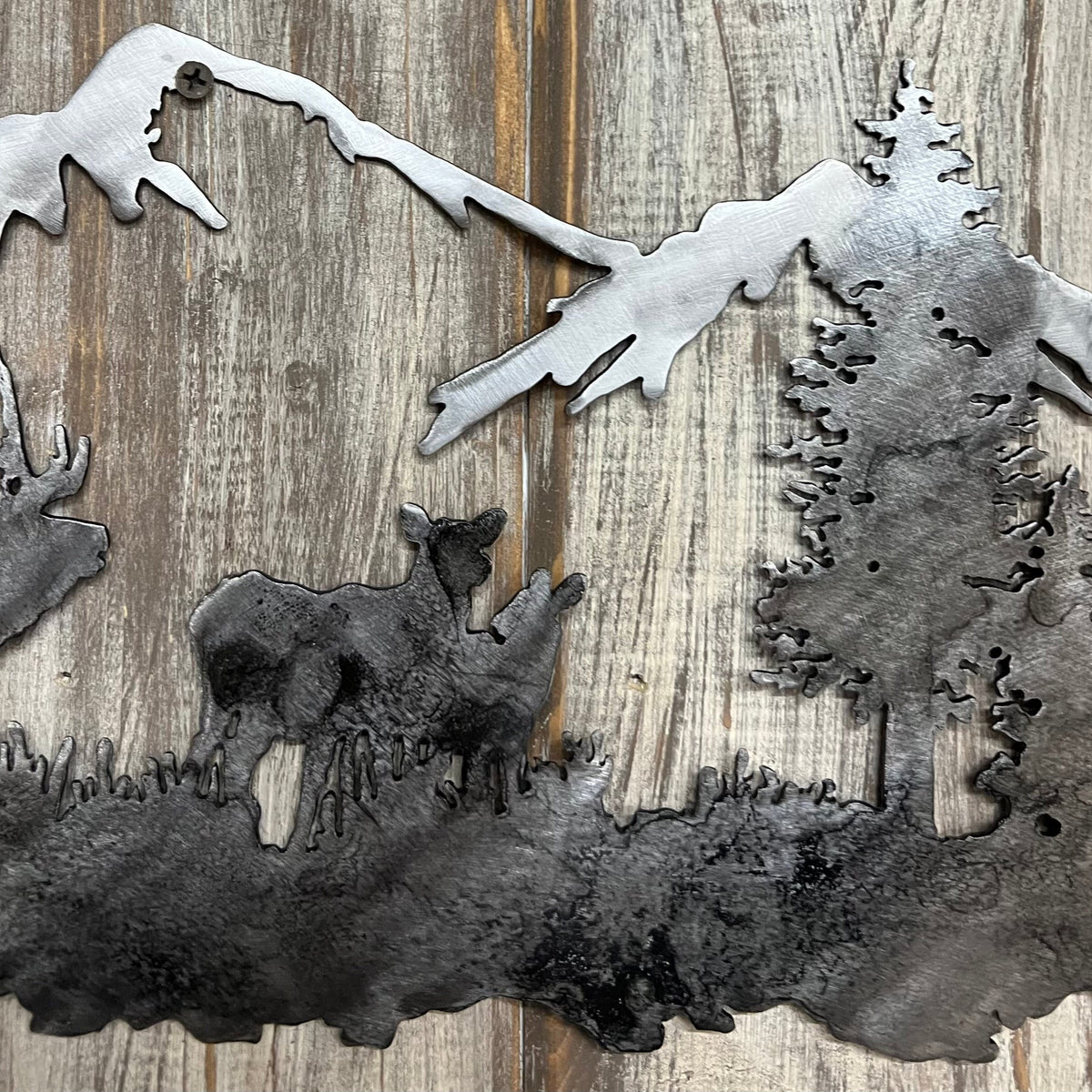 Metal Elk Mountain Scene: Cabin Lodge Wall Art