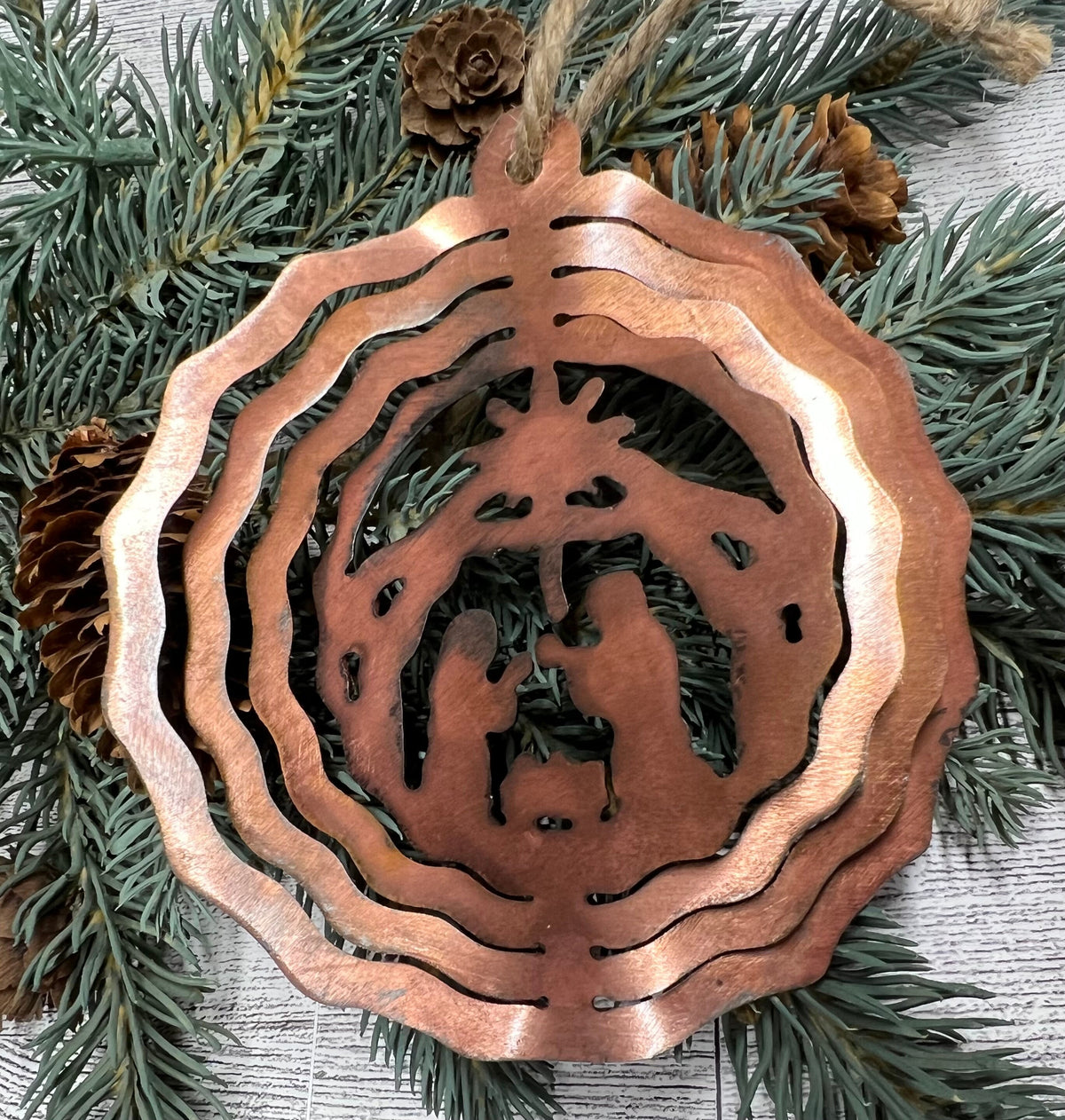Rustic Copper Patina Metal 3D Nativity Ornament - Cabin Christmas Decor