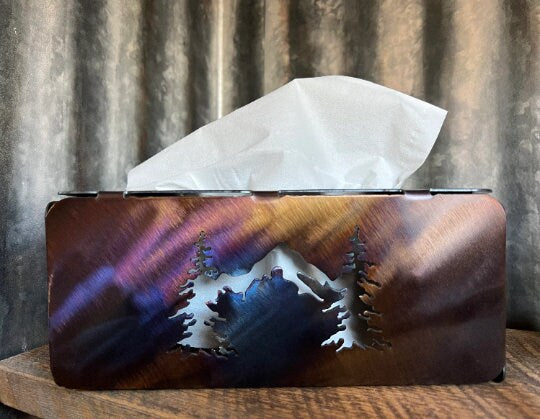 Rustic Steel Tissue Box Cover: Horse, Mountain, or Succulent Design