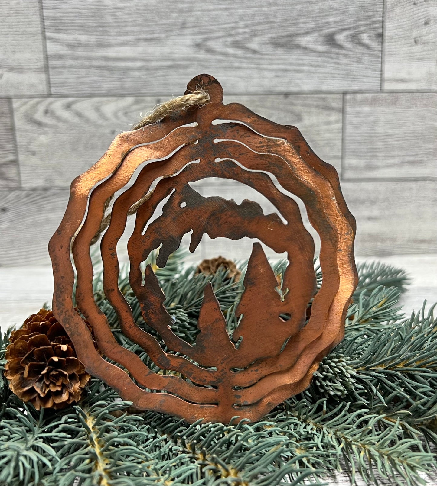 Rustic Copper Patina Metal Mountain & Trees Ornament - Cabin Decor