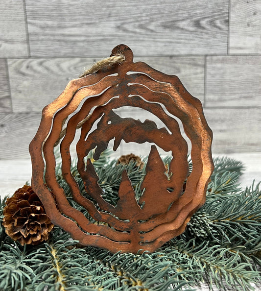Rustic Copper Patina Metal Mountain & Trees Ornament - Cabin Decor