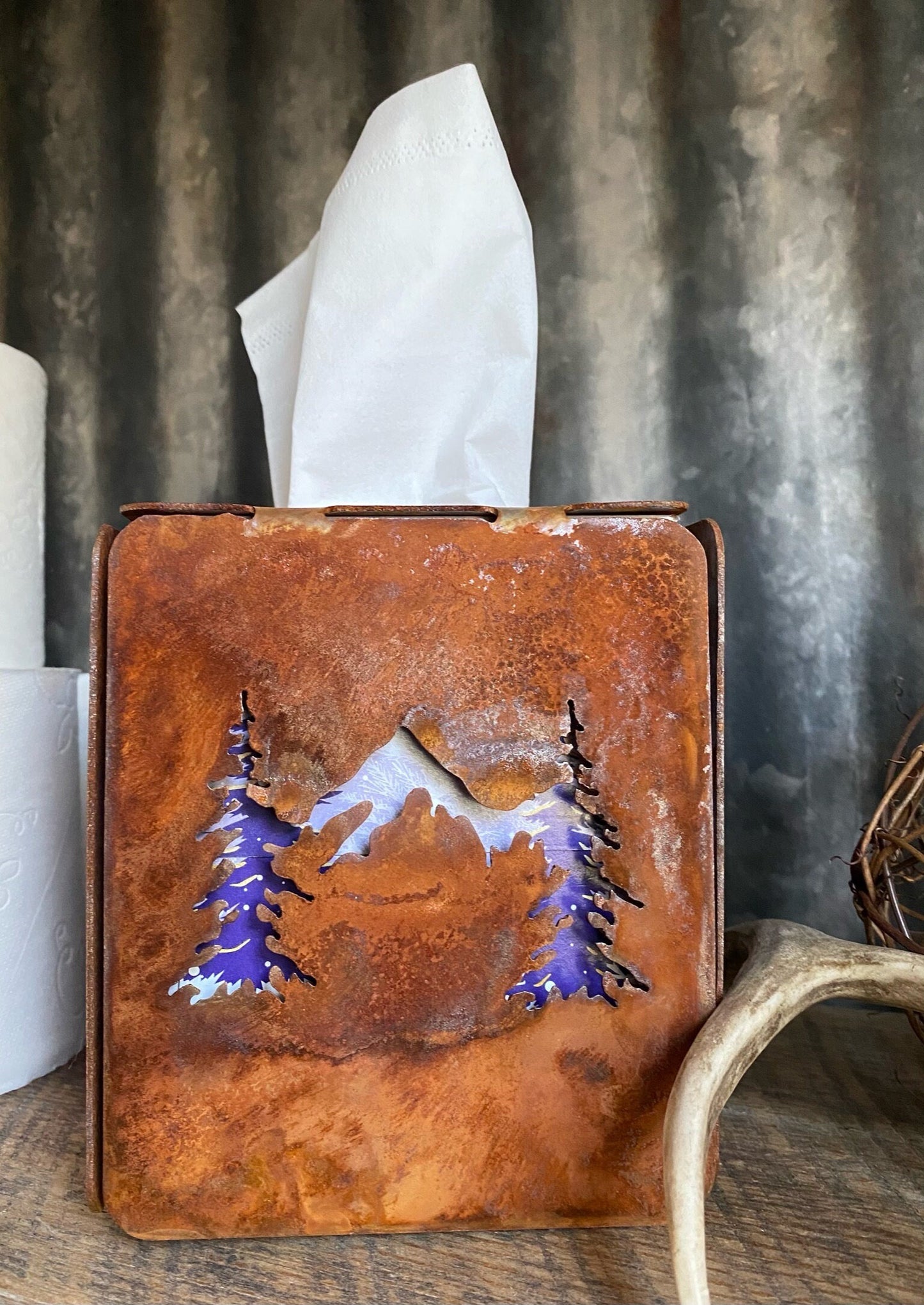 Rustic Steel Tissue Box Cover: Horse, Mountain, or Succulent Design