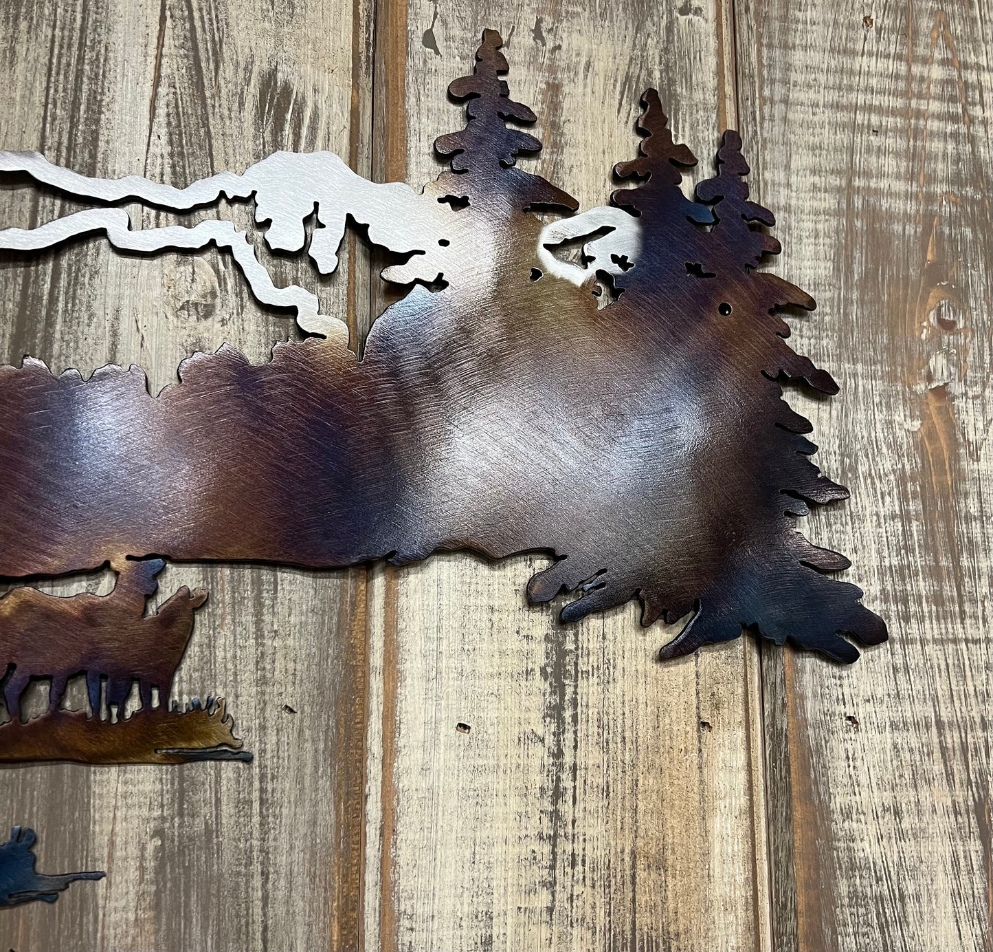 Metal Elk Mountain Scene Wall Art: Heat-Colored Cabin Lodge Decor