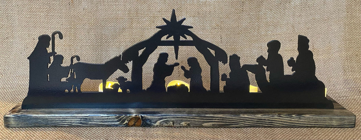 Metal Nativity Scene with Ebony Wood Base & LED Candles