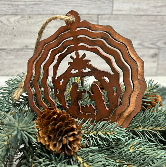 Rustic Copper Patina Metal 3D Nativity Ornament - Cabin Christmas Decor