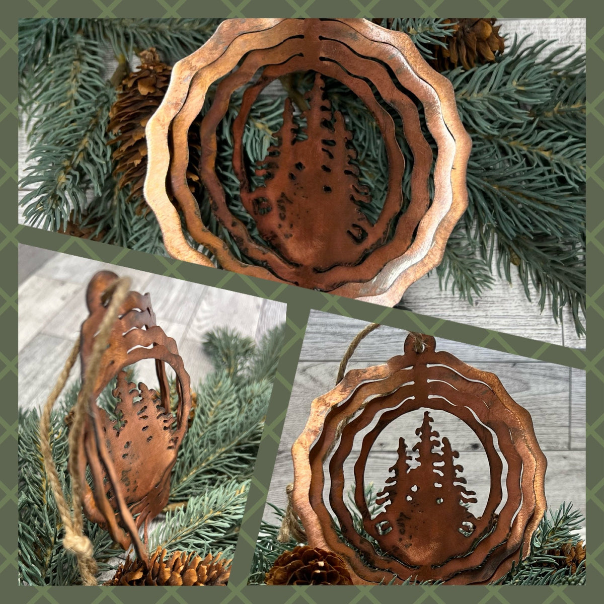 Rustic Copper Patina Metal Tree Ornament: Cabin Decor