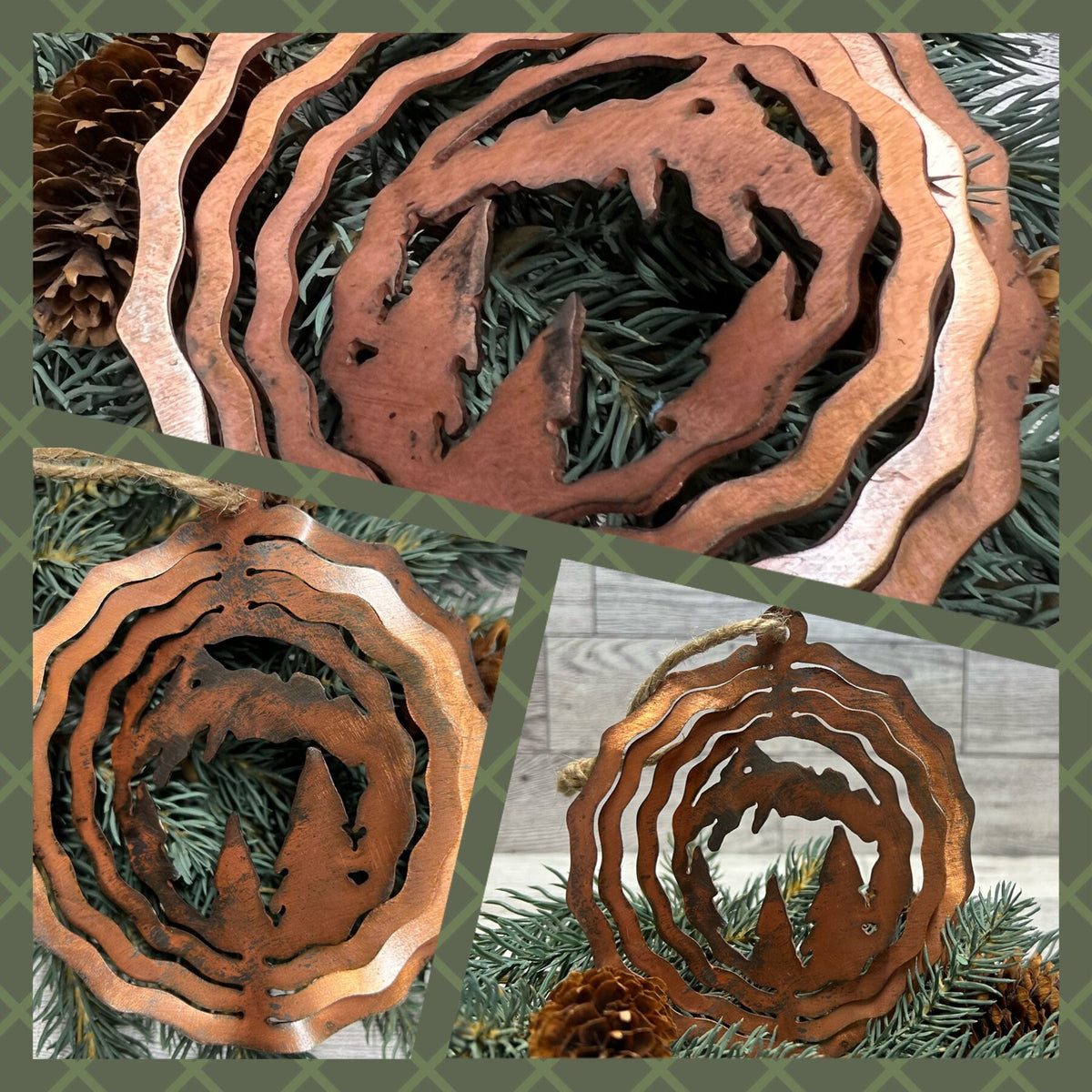 Rustic Copper Patina Metal Mountain & Trees Ornament - Cabin Decor