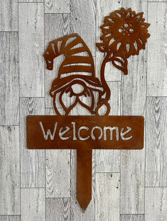 Sunflower Gnome Welcome Stake: Rustic Metal Garden Art