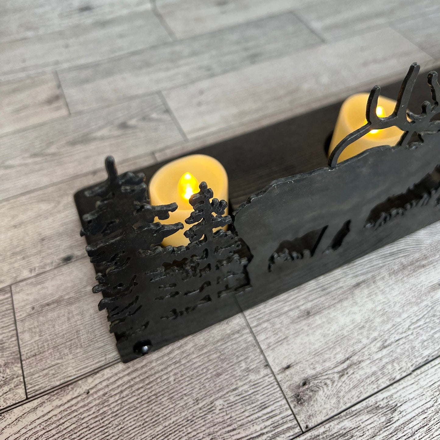 Elk Scene Candle Holder: Rustic Cabin Decor with LED Candles