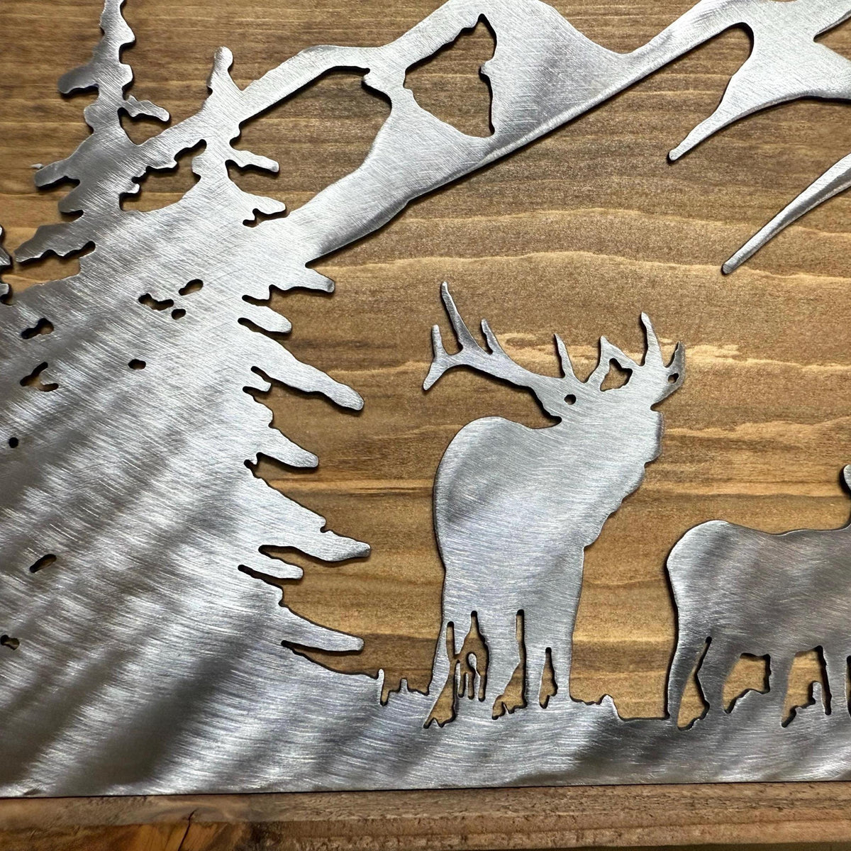 Elk & Mule Deer Mountain Scene: Polished Metal Cabin Decor