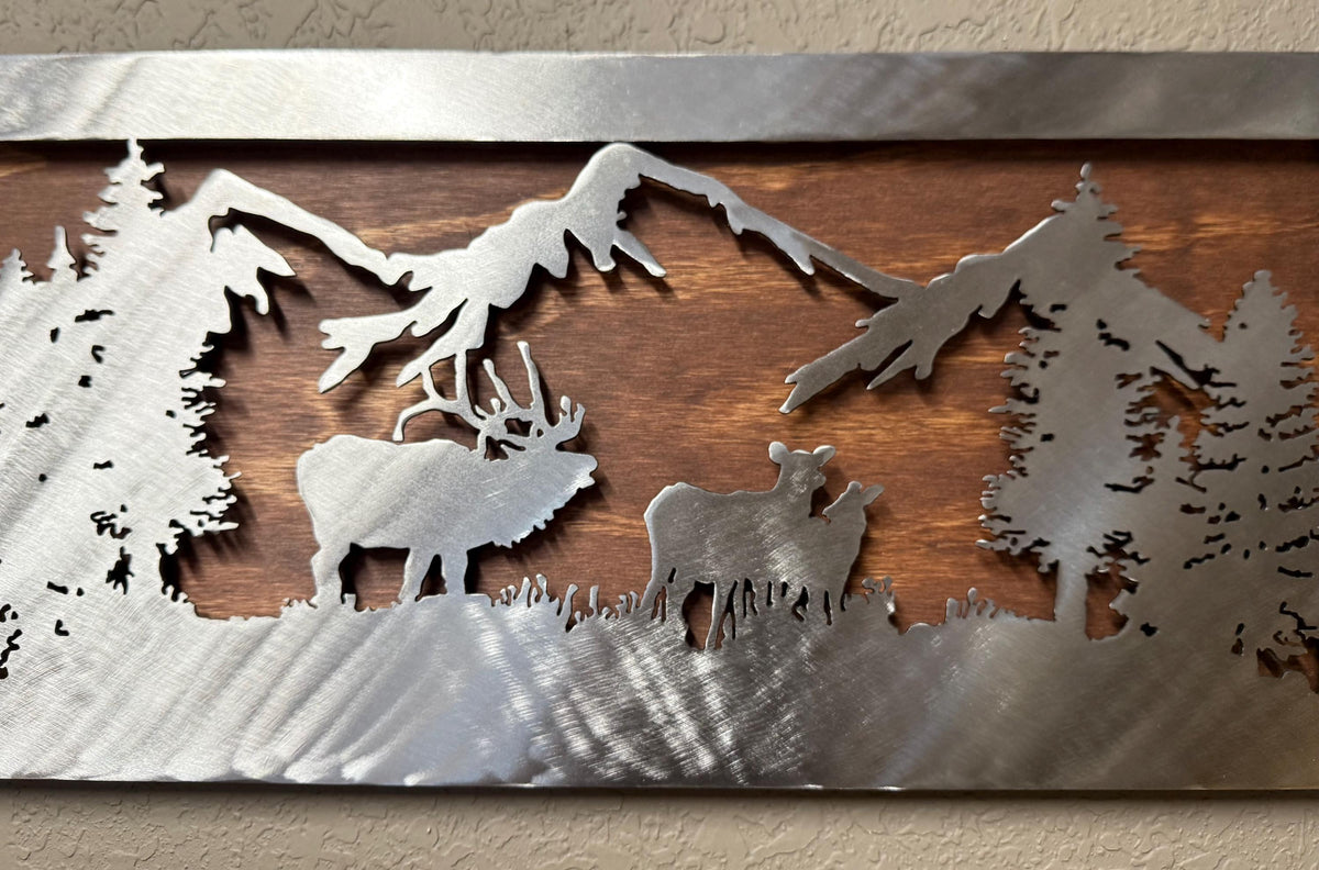 Metal and Wood Elk Scene: Rustic Mountain Wall Art