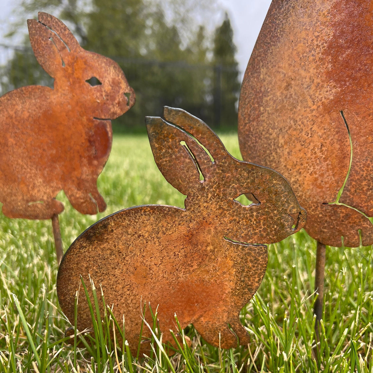 Rusty Bunny Garden Stakes - Set of 4 - Metal Rabbit Decor